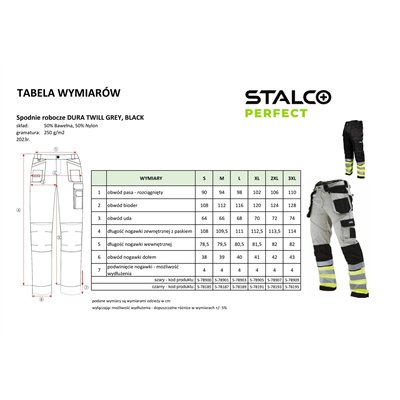 Spodnie robocze DURA TWILL szary M  PERFECT S090178901