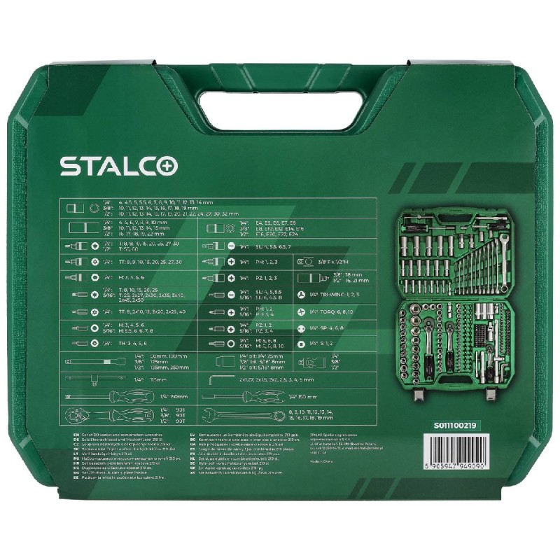 Zestaw kluczy nasadowych i płasko-oczkowych 1/2”+3/8”+1/4”, 219 elem. 90T, BMC STALCO S011100219