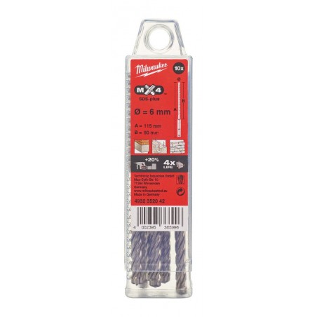 Wiertło SDS-Plus Ø6 mm 4-ostrzowe Milwaukee, 10 szt