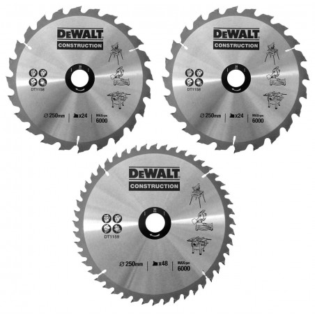 Zestaw tarcz pilarskich do drewna 250 mm DeWalt DT1173, 3 szt