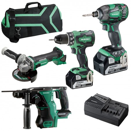 Zestaw HiKOKI 18V Wkrętarka DS18DBSL + Zakrętarka WH18DBDL2 + Młotowiertarka DH18DBL + Szlifierka G18DBL + 2x5Ah + Torba