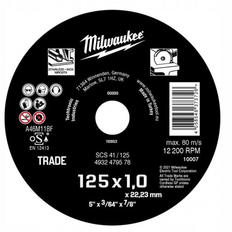 Tarcza do cięcia metalu 125x1.0mm Milwaukee