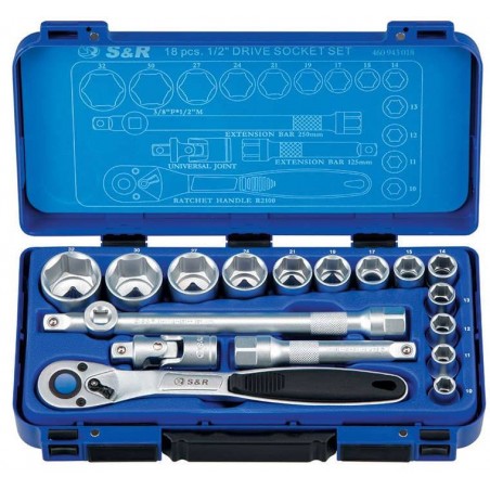 Zestaw 18 części kluczy nasadowych 1/2" S&R Power w plastikowej walizce