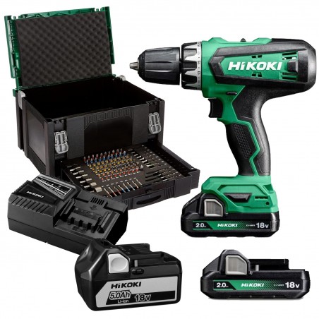 Wiertarko-Wkrętarka 18V HiKOKI DS18DFWKZ 2x2 Ah + walizka z akcesoriami 100 szt + GRATIS akumulator 18V 5Ah