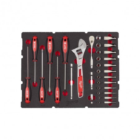 Wkładka do szuflad Packout z nasadkami, wkrętakami oraz z  kluczem nastawnym Milwaukee 35 el