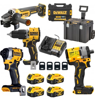 DeWALT Szlifierka kątowa DCG405NT Wiertarko-Wkrętarka DCD996NT Zakrętarka udarowa DCF887NT+ 3xAKU Ładowarka Walizka