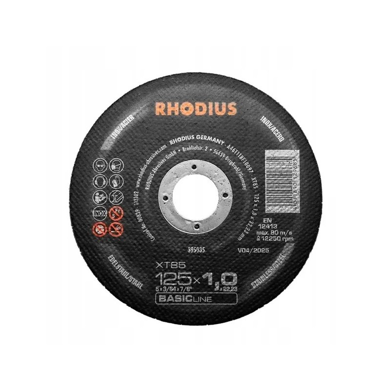 Tarcza tnąca do stali i INOX 125x1,0x22 XT85 BASIC RHODIUS 395035