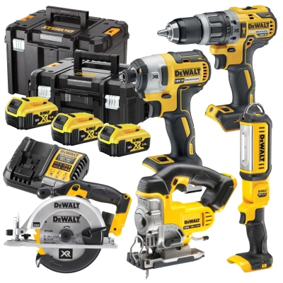 Zestaw narzędzi DeWalt wkrętarka zakrętarka pilarka tarczowa wyrzynarka latarka 18V 5Ah DCK551P3T
