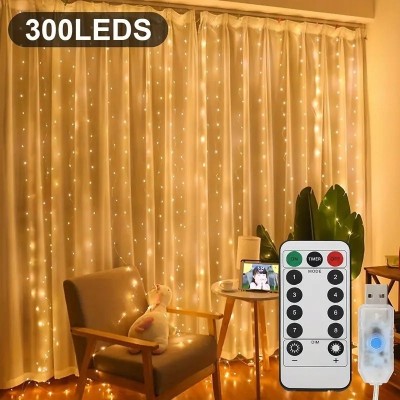 Kurtyna świetlna LED Titanium 3×3 m – Złota girlanda 300 LED z pilotem, USB