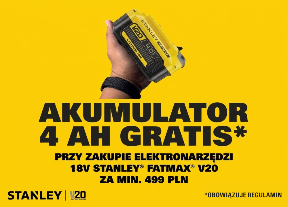 Promocja STANLEY V20 – akumulator 4Ah GRATIS przy zakupie powyżej 499 zł!
